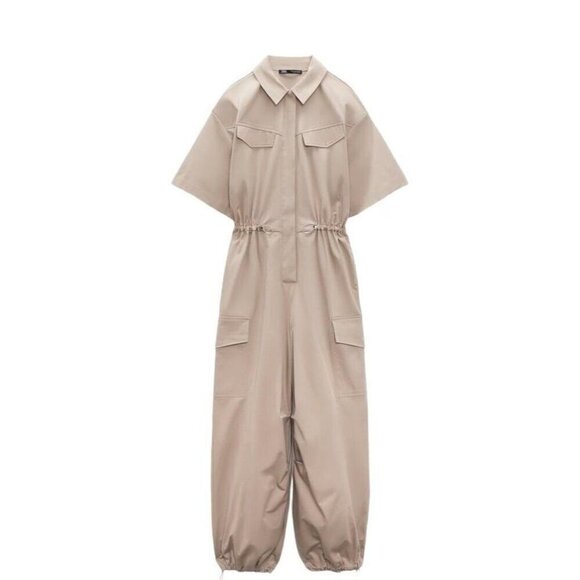 NWT ZARA Gabardine Jumpsuit Trench Camel Sand Beige Size Small - Picture 2 of 16